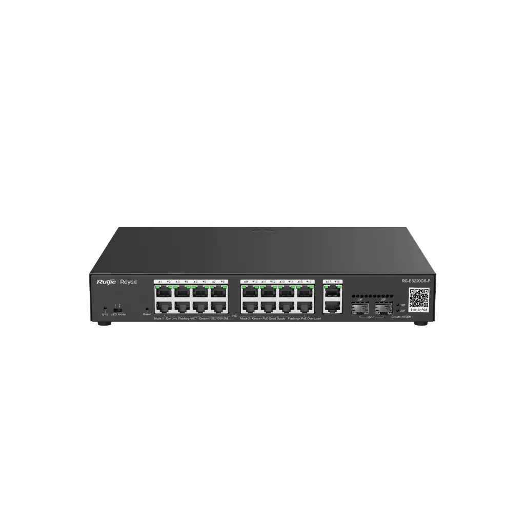 [RG-ES220GS-P] Switch PoE Manageable, L2, 20 ports Gb, 16 ports PoE/PoE+ 2 ports RJ45 Gb / 2 ports SFP uplink