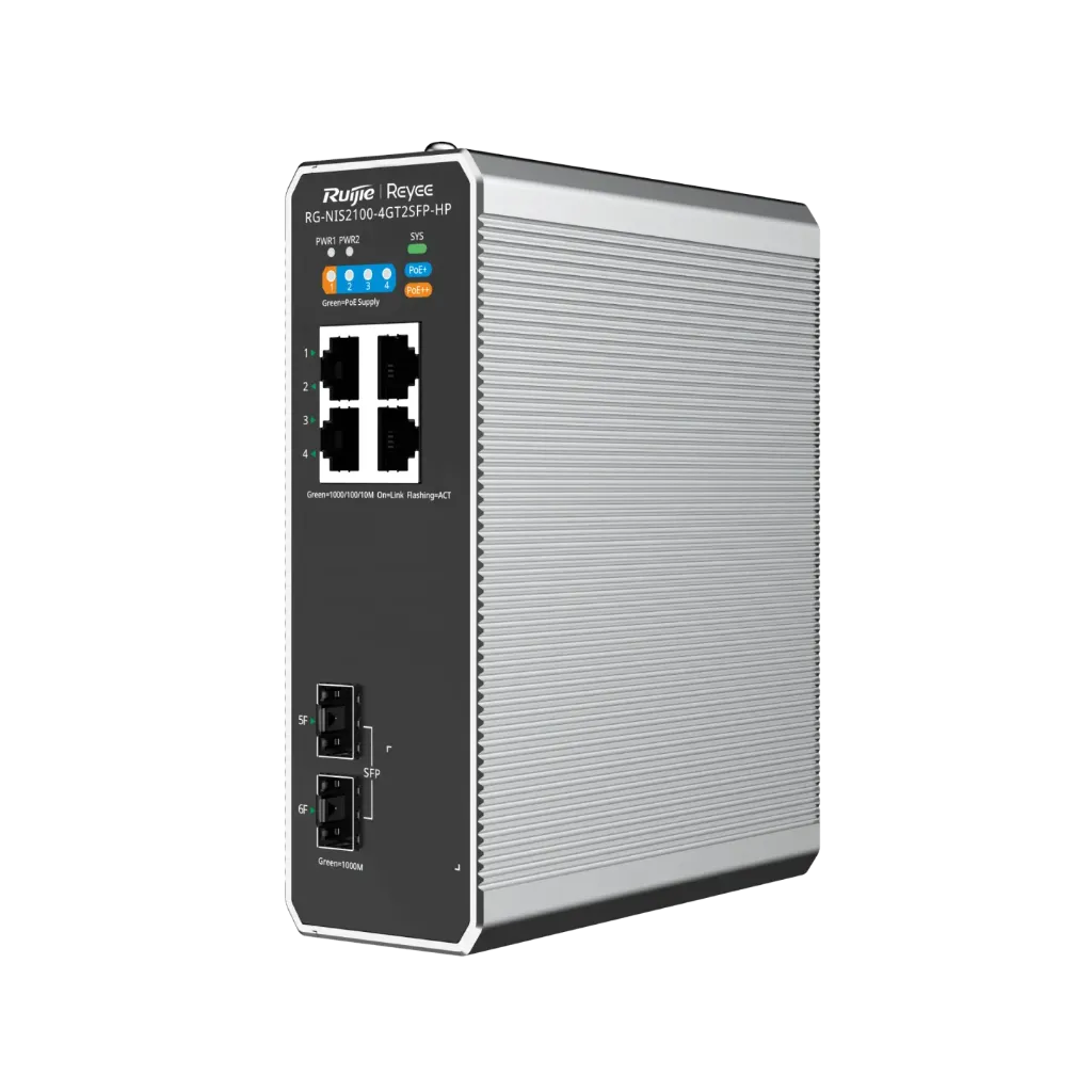[RG-NIS2100-4GT2SFP-HP] Switch industriel géré dans le cloud à 6 ports, avec 1 port PoE++, 3 ports PoE+ et 2 ports de liaison montante SFP