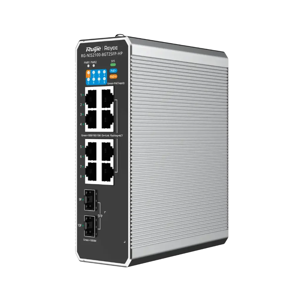 [RG-NIS2100-8GT2SFP-HP] Switch industriel manageable via le cloud à 10 ports, avec 1 port PoE++, 7 ports PoE+ et 2 ports uplink SFP