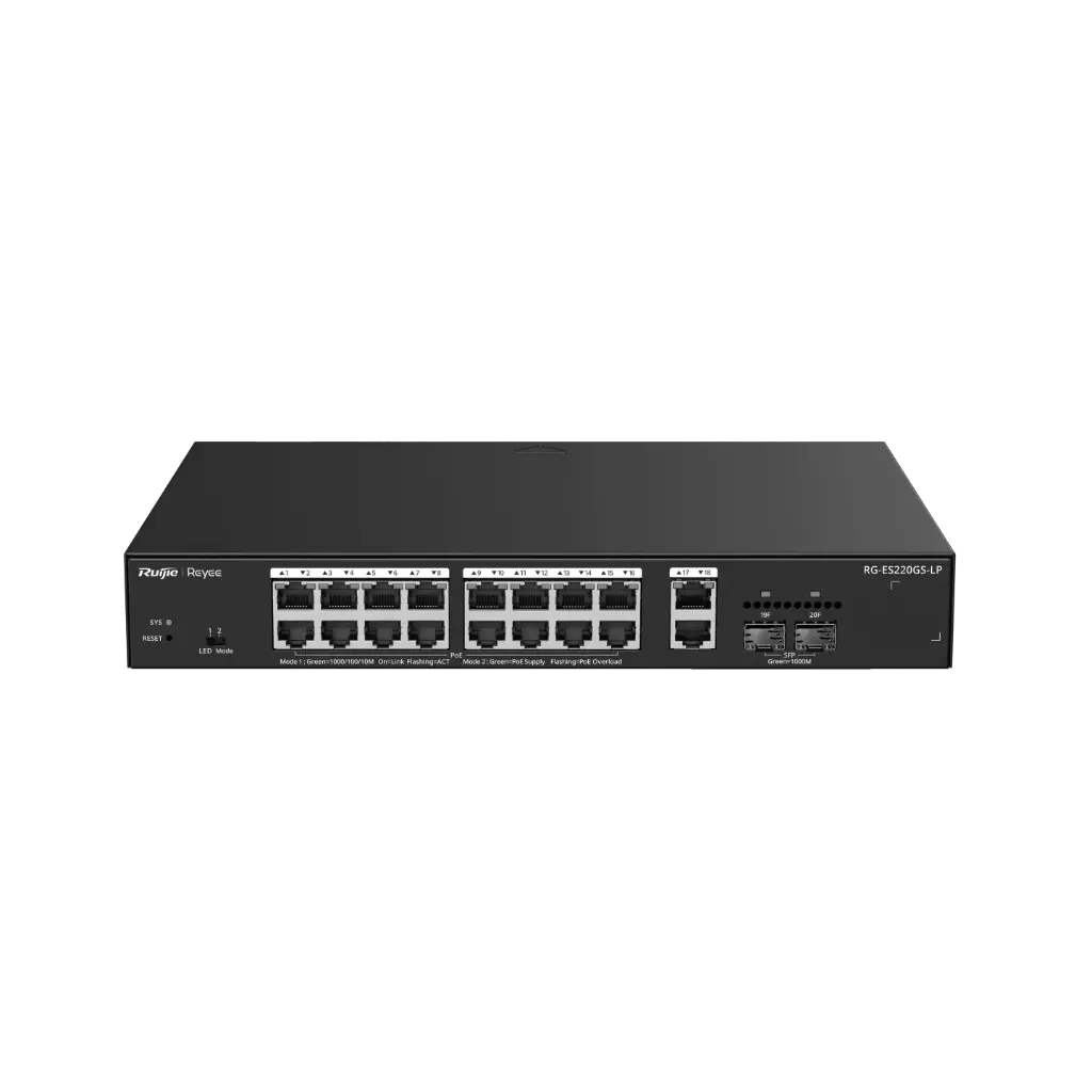 [RG-ES220GS-LP] Switch PoE, Manageable, L2, 16 x 10/100/1000 BASE-T Ports PoE+, 2 x 10/100/1000BASE-T Ports, 2 x 1GE SFP Ports, 130 W